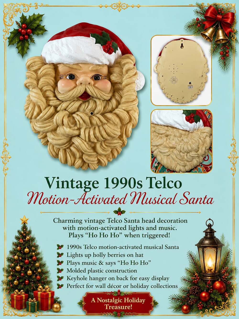Vintage 1990s Telco Motion-Activated Musical Santa Head Wall Decor